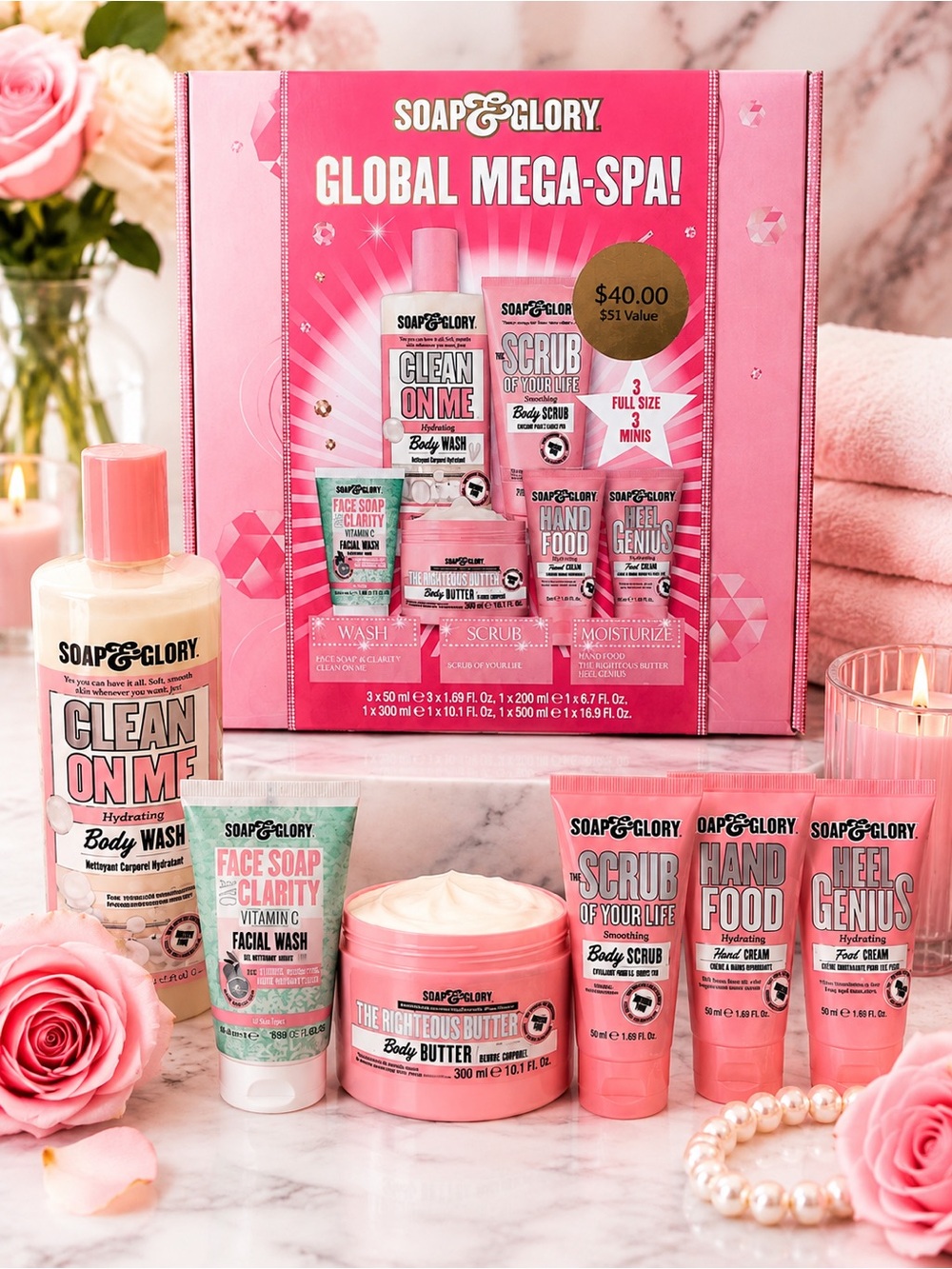 Soap & Glory Global Mega-Spa Gift Set | New | 6-Piece Bath & Body Collection